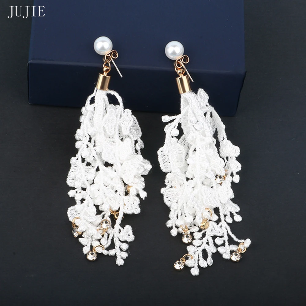 

JUJIE Long Tassel Earrings For Women Lady Crystal Brincos Flower Earring Gold Color Pearl Dangle Earrings Fashion Jewelry
