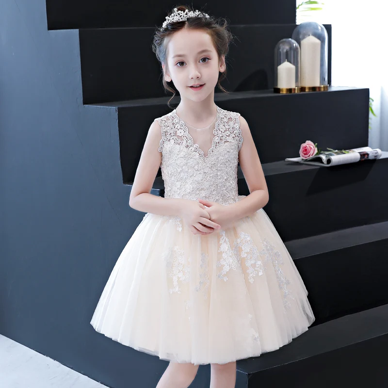 Champagne Lace Summer Girl Dress Flower for Wedding Birthday V-Neck Pageant Princess Gown First Communion | Детская одежда и обувь
