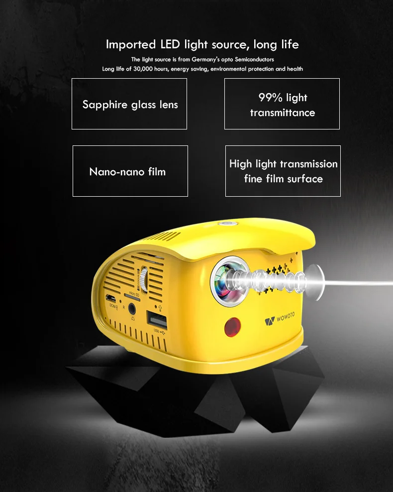 WOWOTO мини желтый проектор ручная фокусировка 854*480 Разрешение Wi Fi Bluetooth