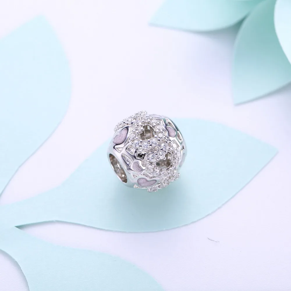 Видео! Любовь инкрустированные розовой эмалью серебряные бусины 925 пробы амулеты