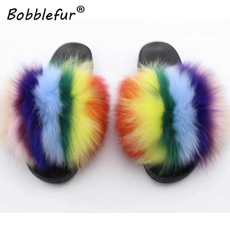 Ms.bobblefur Women Flip Flops Furry Indoor Natural Fox Fur Slipper Luxury Fluffy Plush Shoes FREE shipping | Обувь