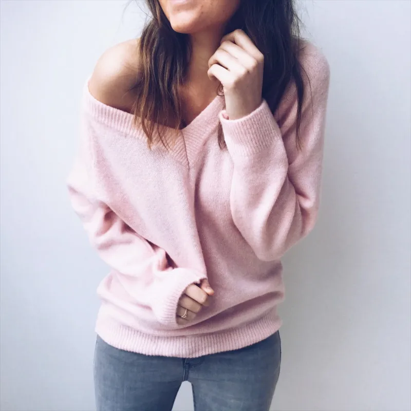 

2018 Autumn Winter Knitted Sweaters Women Deep V Neck Long Sleeve Oversized Pullover Tops Sexy Femme Backless Casual Sweater 2XL