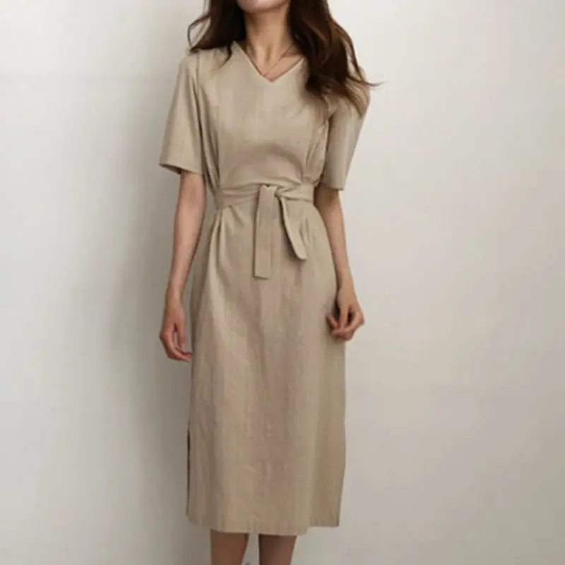 Elegant Vintage Korean Style White Chic Summer Women Midi Dresses Straight Plain Lace Up Split Khaki Female OL Lady Retro Dress | Женская