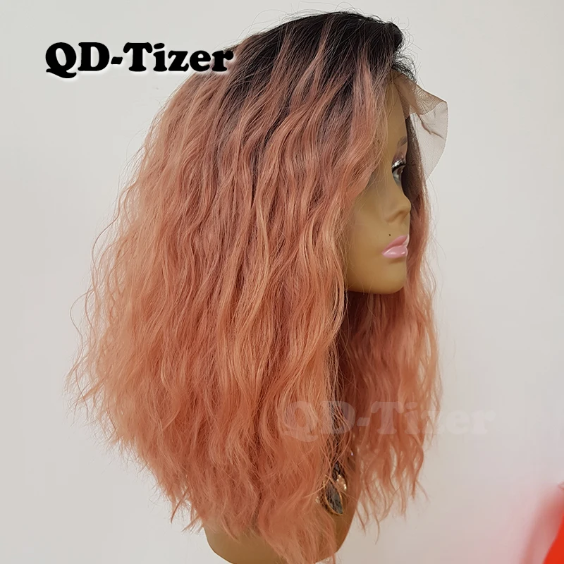 QD Tizer короткий Боб синтетические кружевные передние парики Омбре розовые волосы