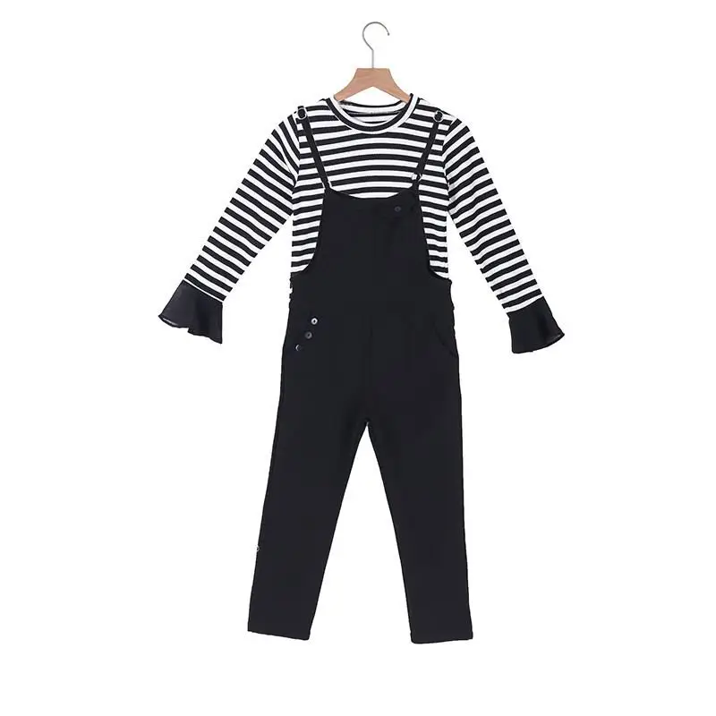 

New Spring Autumn Kids Girls Cotton 2Pcs Sets Teenage Girls Striped Tops+Solid Overall Pants Suits Toddler Girl Clothing T159