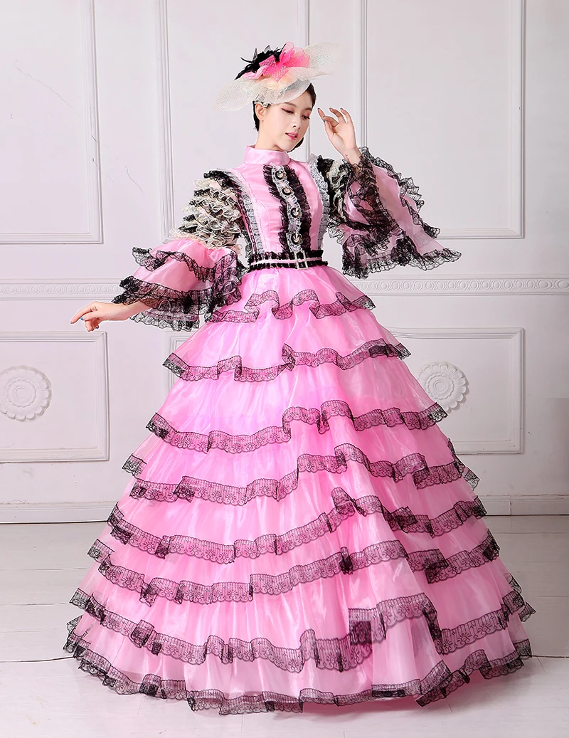 Розовое и черное кружевное маскарадное бальное платье вампира Marie Antoinette 18th