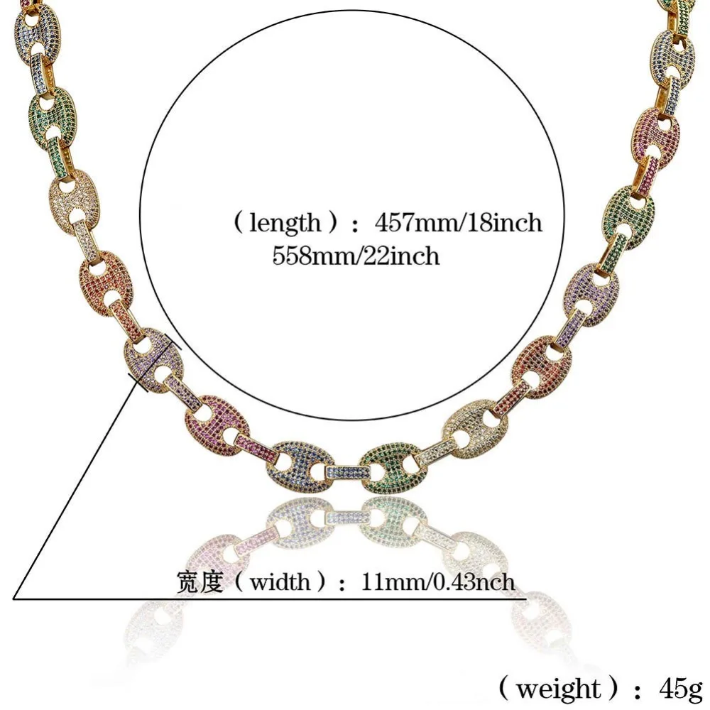 

Hip hop Men Jewelry Copper Gold Silver Plated Necklace Micro Pave CZ Stone 11mm Oval Colors Fastener Necklaces 18inch 22inch