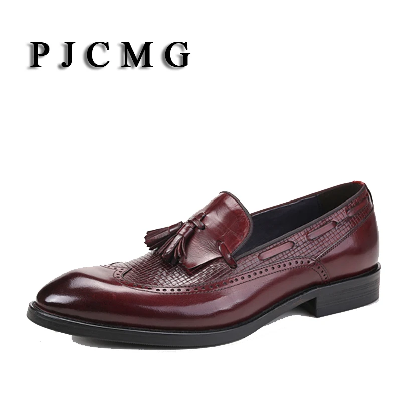 

PJCMG Fashion Comfortable Black/Red Slip-On Pointed Toe Genuine Leather Flat With Tassel Casual Classic Gentleman Shoes