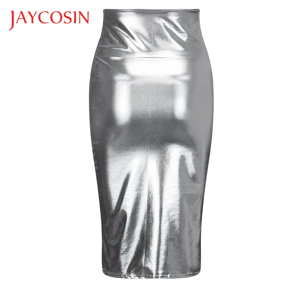 Женская облегающая юбка карандаш JAYCOSIN однотонная блестящая кожаная с высокой