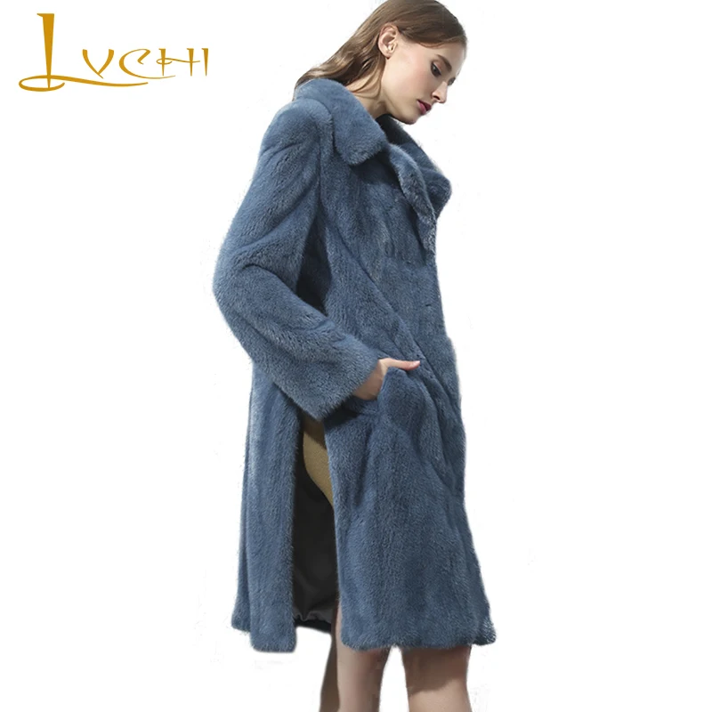 

LVCHI Winter 2019 Import Mink Fur Coats Women's Full Sleeve Mink Coat Full Pelt Turn-Down Collar Causal Long Slim Mink Fur Coats