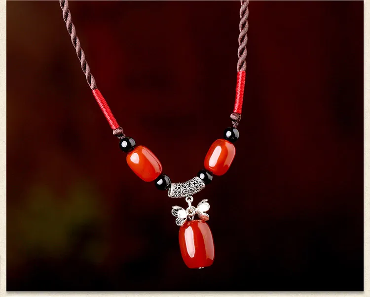 S 925 Siver Jewelry Necklace Chainbone Chain Women Clothes Accessories Wild Agate Pendant National Wind Red size 45CM | Украшения и
