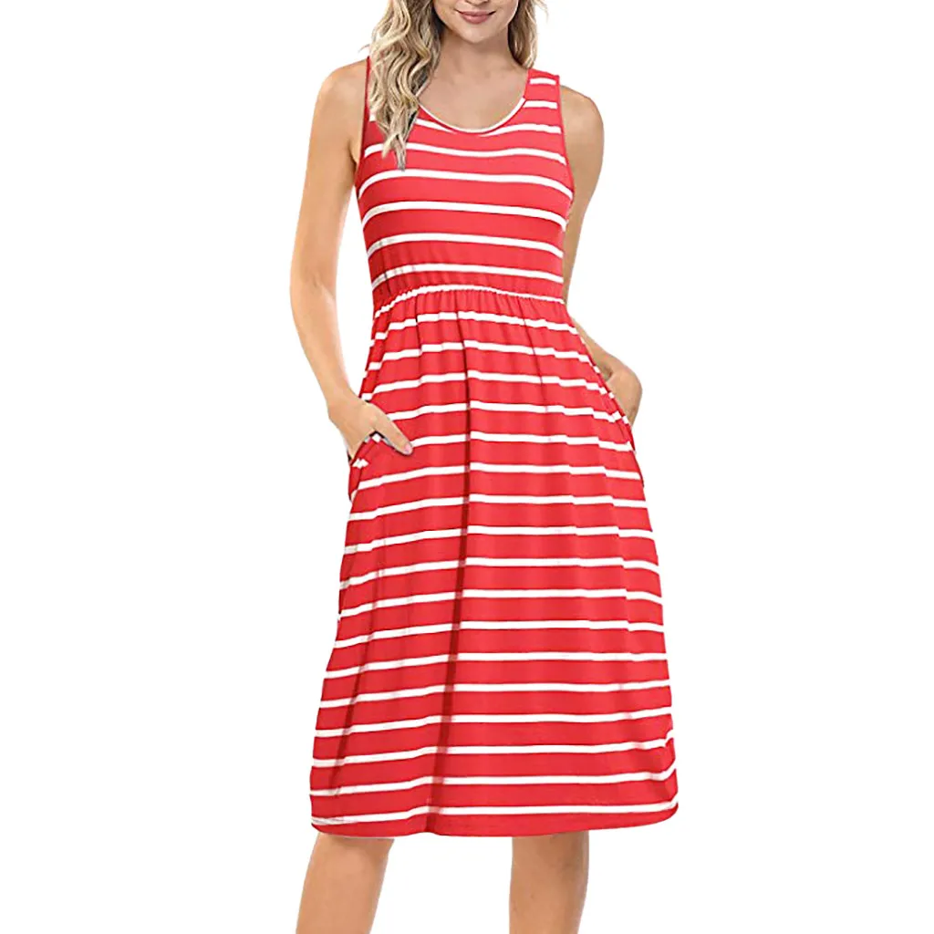 Vestidos Verano/элегантное женское Повседневное платье с круглым вырезом без рукавов