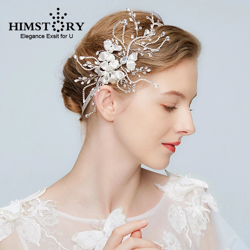 

Luxury Wedding Bridal Tiara Headbands Headpiece Silver Leaf Hairband Handmade Girl Rhinestones Floral Bridal Hair Vines