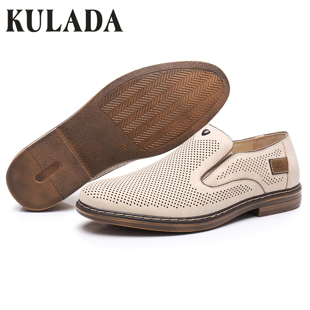 KULADA Летняя обувь Для мужчин кожаные открытые сандалии Slip-On Fashion-Лоферы мужские