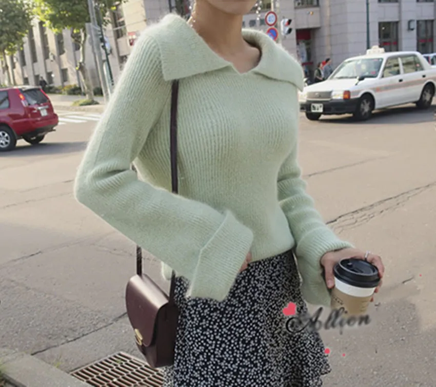 New 2018 Autumn Winter Women Mink Cashmere Sweater Fashion Yellow Knitting Flare Sleeve Ladies Casual Loose Warm Soft Pullovers | Женская