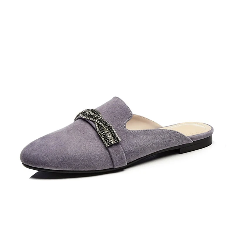 

Stylesowner Suede Leather Women Mullers Slipper Flat Diamond Decor Slip On Half Slides 2018 New Autumn Closed Toe Sandalias