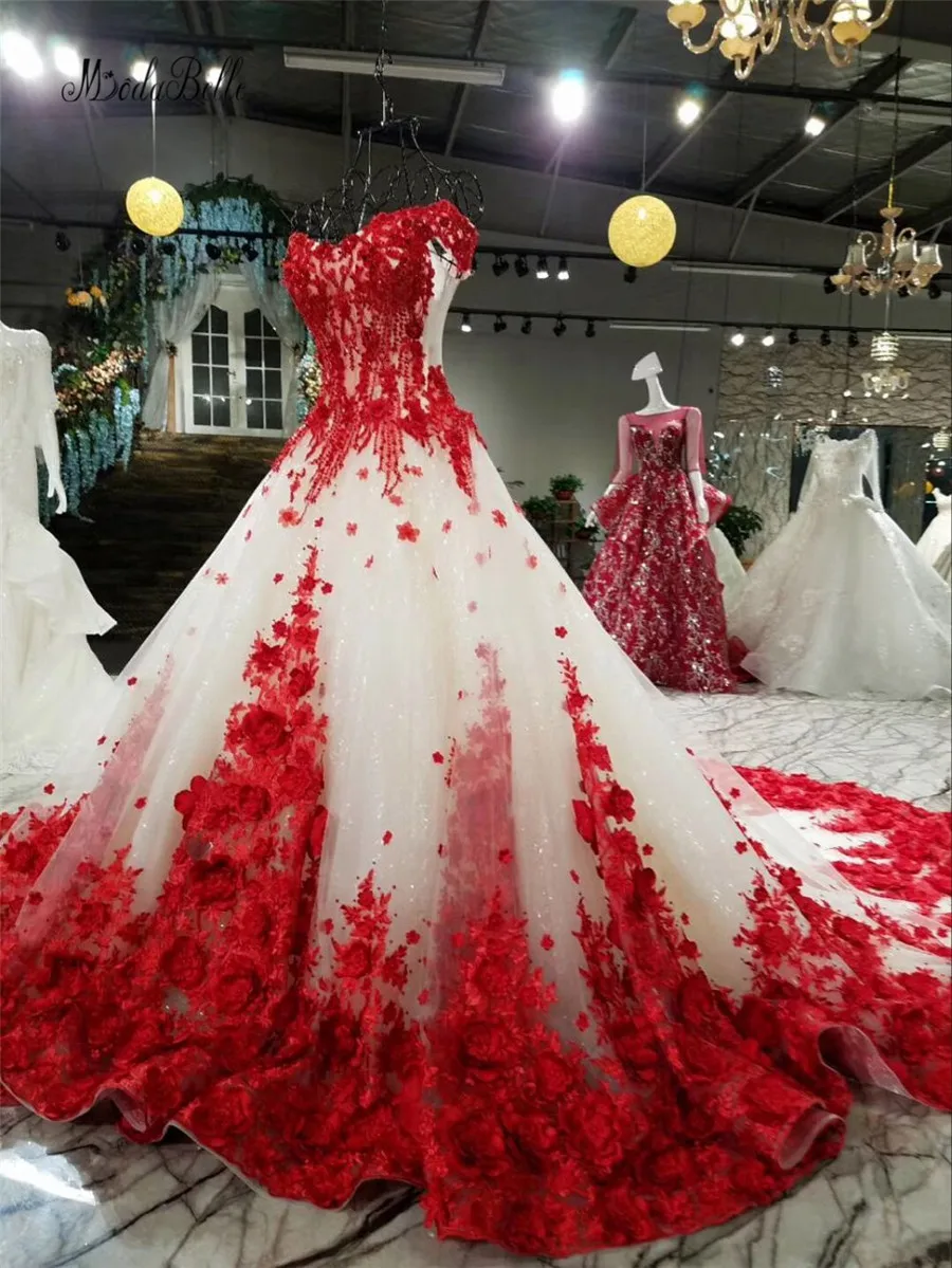 modabelle Romantic Red Lace Flower Wedding Dress With 100cm Train Ball Gowns Luxuriant Bridal Dress Lace Up Robe De Mariage