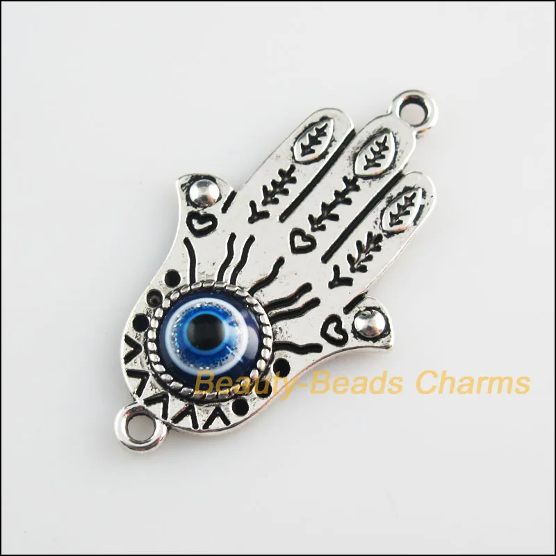

6 New Charms Palm Hand Blue Eye Resin Connectors Tibetan Silver Color 24x41mm