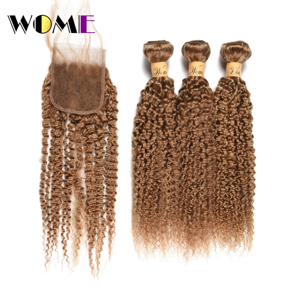 Wome пучки волнистых волос с закрытием #27 медовый блонд цвет человеческих Плетение