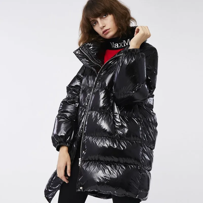 Purple Loose Down Jacket Fashion Thin Thick Winter Feather Jacket Coat Women Long Section Collar Casual Warm Overcoat Female 260 - Цвет: Blakc