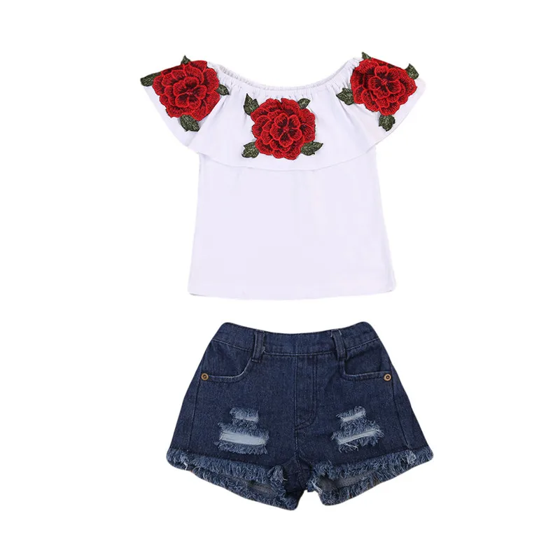 2PCs/Set Toddler Kids Baby Girls Clothing Outfits Set 3D Flower Cute Tops Shirt Denim Shorts Pants Jeans Clothes Sets | Детская одежда