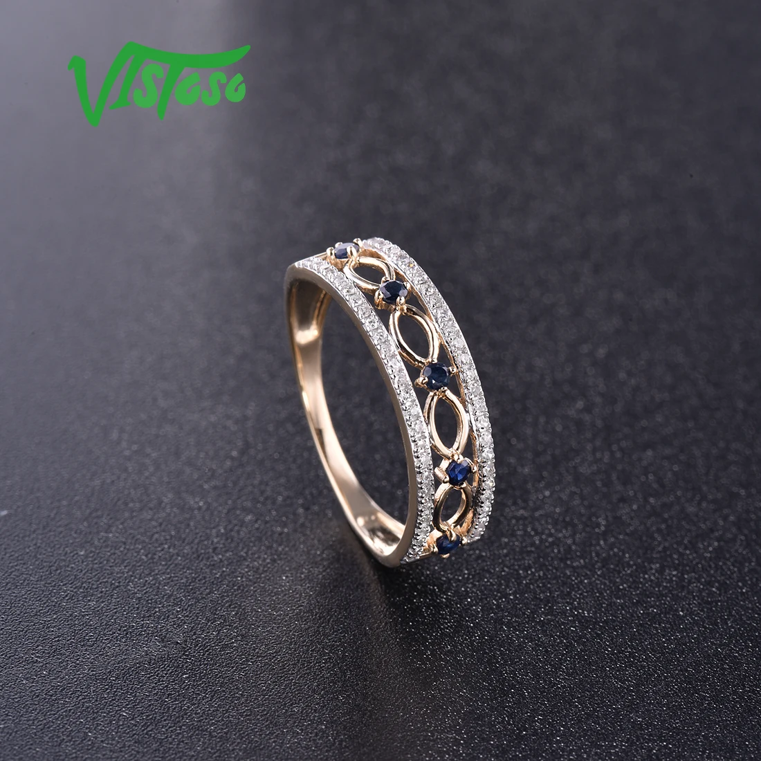 VISTOSO 14 K кольца из желтого золота для женщин подлинные сверкающие бриллианты Необычные синие сапфировые обручальные юбилей уникальные ювелирные изделия