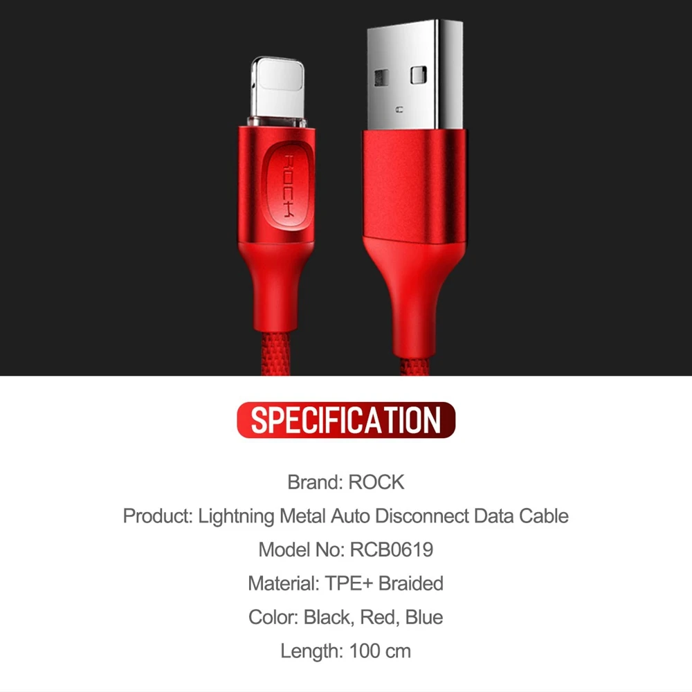 Обновленный usb-кабель ROCK с автоматическим отключением для iPhone X, 8, 7, 6, 2.1A светодиодный светильник, usb-кабель для быстрой зарядки iPhone, зарядное устройство, синхронизация данных