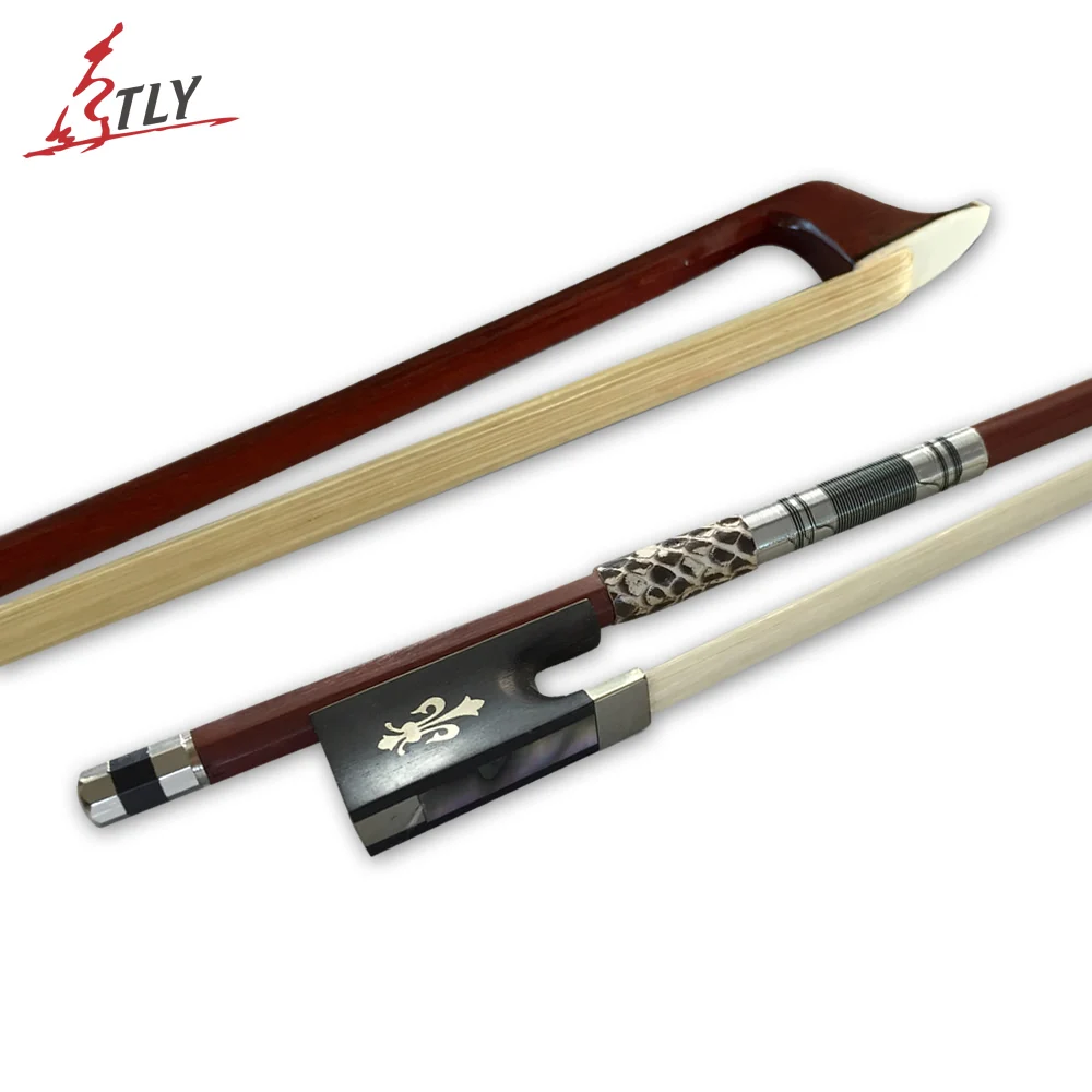 

High Grade Straight Brazilwood Violin Bow Snake Skin Decorative Ebony Frog Carved Orchid Color Shell Violin Accessories