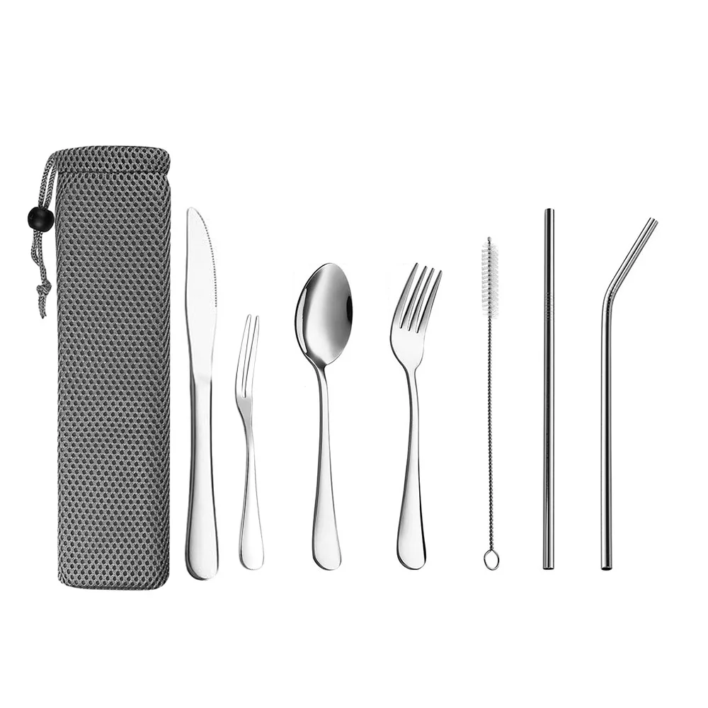 Cutlery Set C Многоразовая посуда из серебра, металлическая соломинка, ложка, вилка, палочки для еды, соломинка, набор посуды для путешествий, кемпинга, набор столовых приборов - Цвет: Cutlery Set C