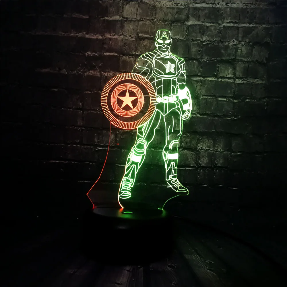 Блеск 3D Marvel Super Hero Captain America LED смешанный 7 цветов USB зарядка Декор для спальни