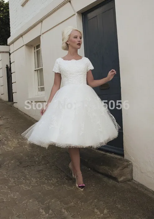 2 Wholesale Free Shipping Fashion Jewel Neck Applique Bridal Gowns Short Sleeve Tea Length Tulle Ball Gown Wedding Dress | Свадьбы и