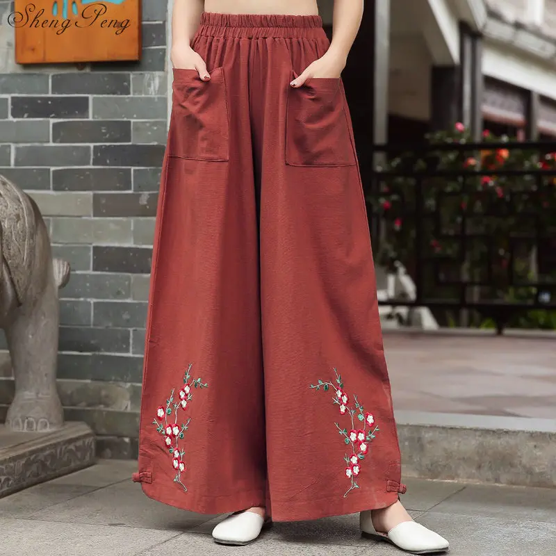 

Брюки женские в китайском стиле с традиционной вышивкой, повседневные льняные широкие штаны с эластичным поясом, V1455, 2019