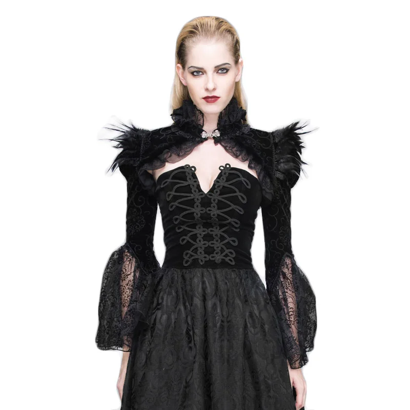 Steampunk Winter Coat Female Gothic Palace Wraps With Feathers Women Fashion Butterfly Sleeve Coats Black Overcoat Jacket CA005