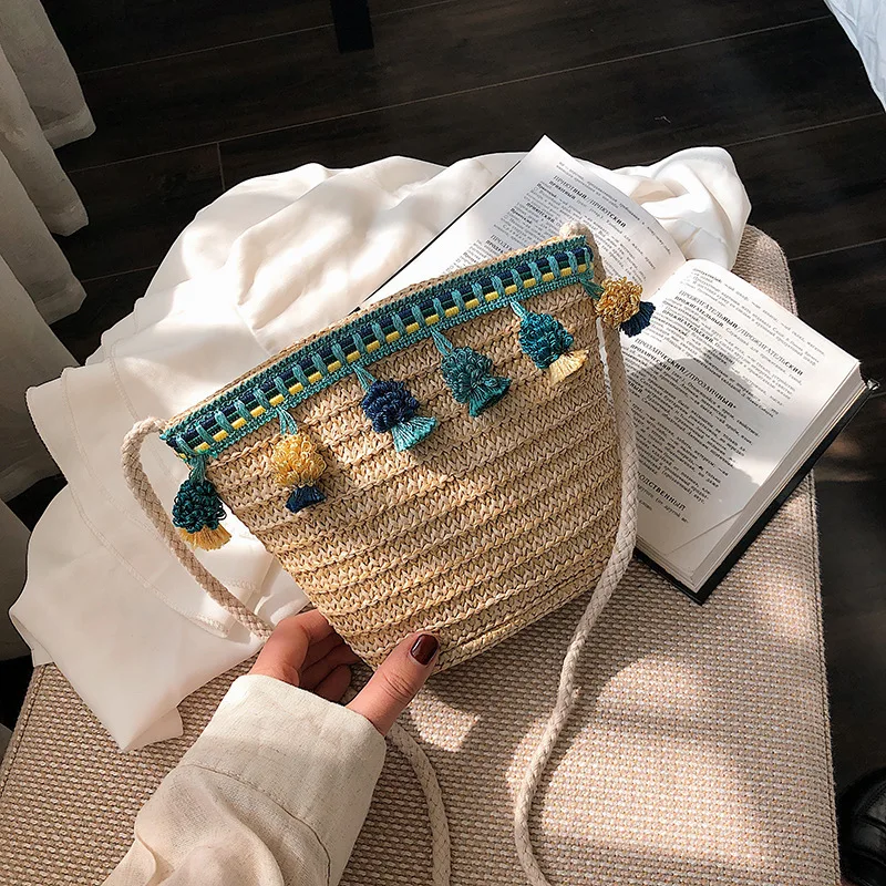 Женская Соломенная пляжная сумка сумка-ведро через плечо для женщин лето 2019 |