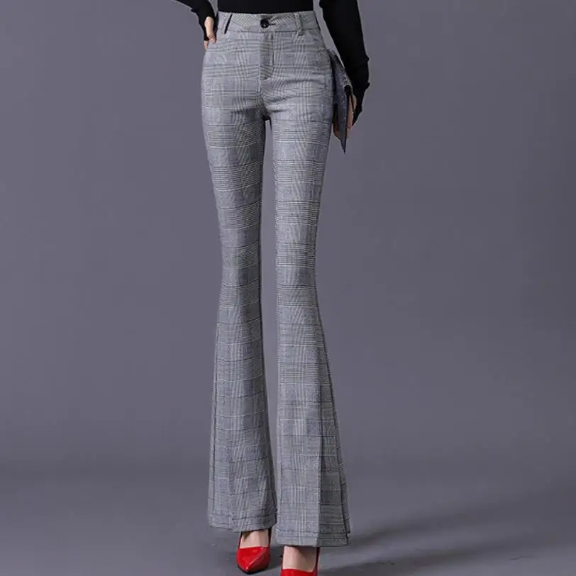 Новые модные длинные брюки с высокой талией клетчатые женские расклешенные