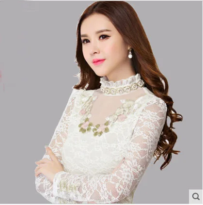 2016 Кружева Рубашки Блузки Женщины Плюс Размер Водолазка Цветок Вышивка Женщина