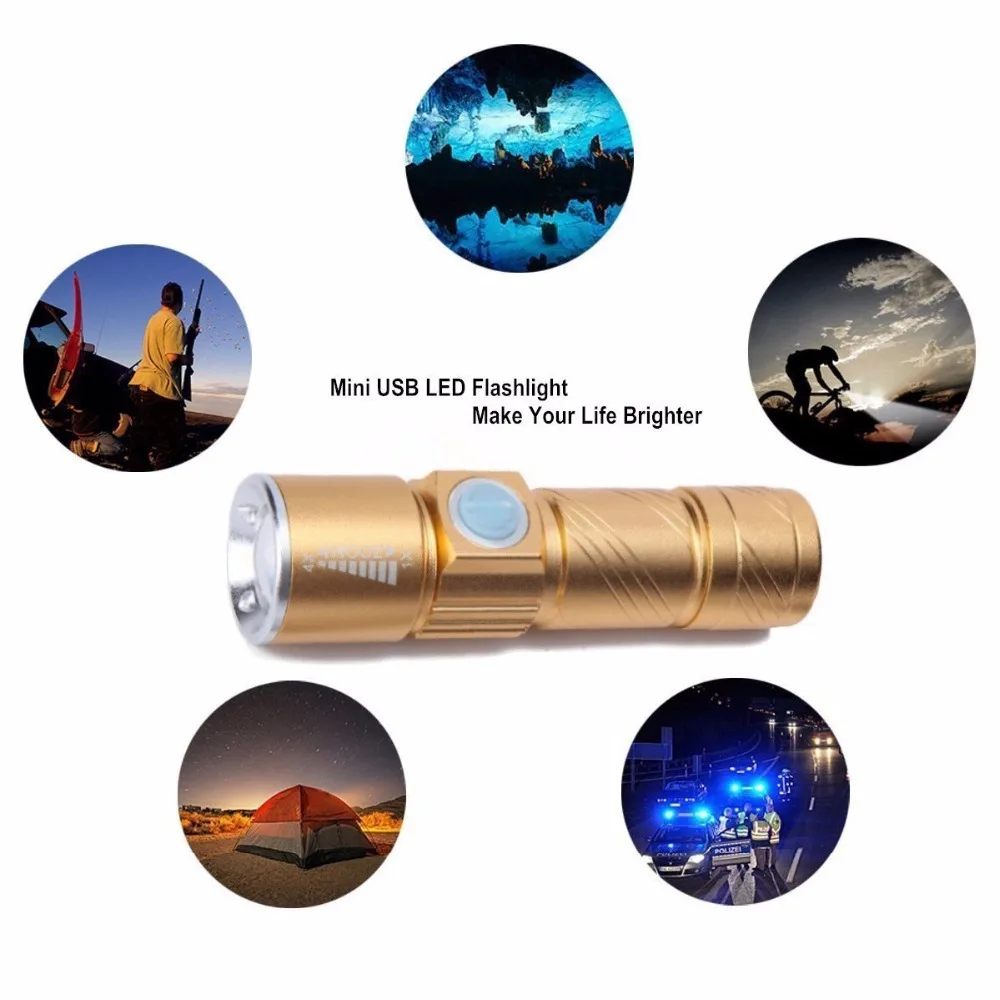 

Black USB Handy Powerful LED Flashlight Rechargeable Torch usb Flash Light Bike Pocket LED Zoomable Lamp For Hunting