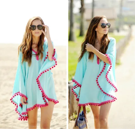 

Yollmart Women's Beach Blouse Seaside Chiffon Clothing Sexy Famale Three Quarter Patchwork V-neck Butterfly Sleeve Blouse