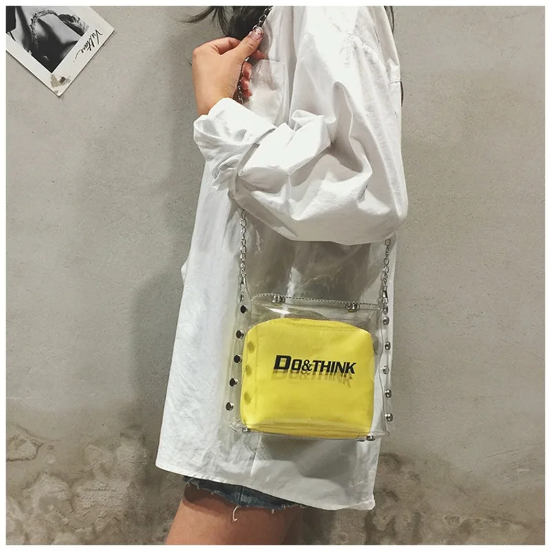 

PVU цепь прозрачная желе академический стиль Чистый Цвет Простой одно плечо косая модная женская новая Большая вместительная сумка