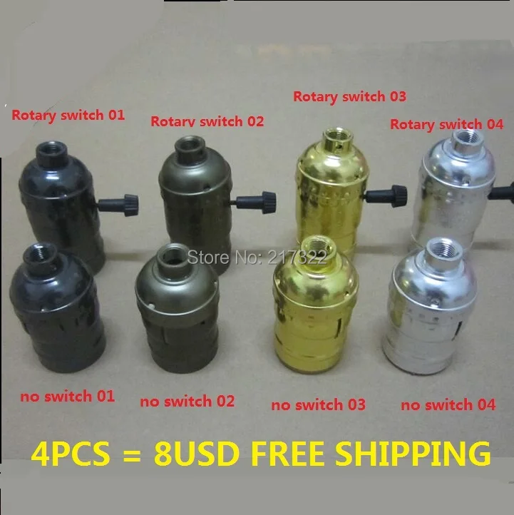 

4pcs/lot Factory price vintage E27 aluminum lamp holder socket without switch brass/gold/silver/black DIY lighting fitting