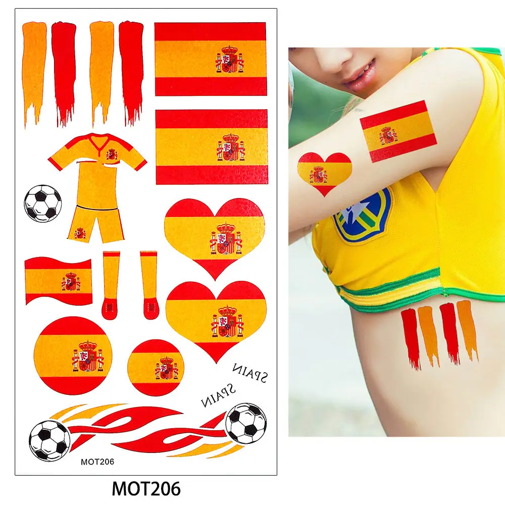 MOT206 Spain Яркие 8 стран дизайн 1 лист СЛОВА КУБОК футбольные игры татуировки стикеры флаг германия Россия временные DIY тела татуировки - Цвет: MOT206 Spain