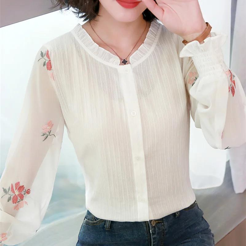 

Office Lady White Flower Embroidery Womens Tops and Blouses 2019 Elegant Workwear Long Sleeve Shirts Female Blusa Feminina