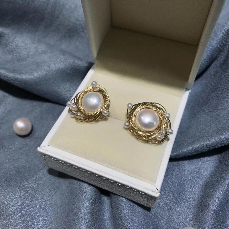 ANI 14K рулонные Золотые женские серьги гвоздики с пресноводным белым жемчугом