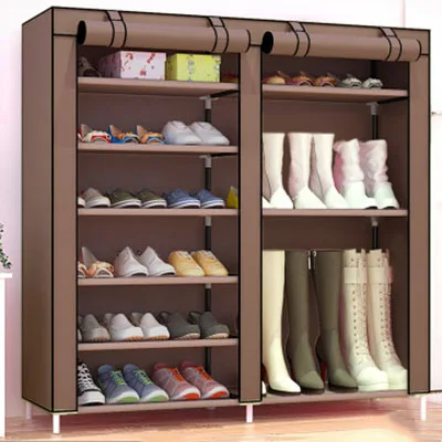 coffee boots style Большая вместительная двухрядная полка для обуви DIY, домашняя многослойная Подставка для хранения в общежитии, полка для защиты обуви от пыли, Тканевый шкаф для обуви с героями мультфильмов - Цвет: coffee boots style
