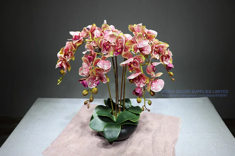 Индиго-кофе Орхидея цветок Аранжировка(6 шт. Орхидея+ 3 шт. листья) Настоящее прикосновение цветочное свадебное украшение события