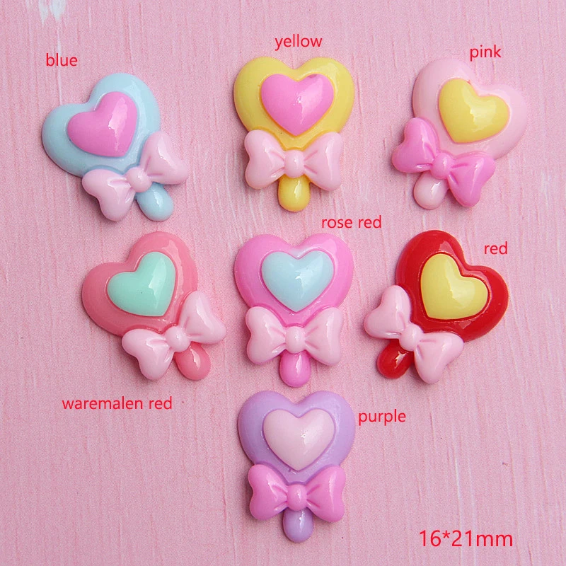 

20Pcs Flat back Resin Cabochons Love Heart Lollipop Kawaii DIY Phone Case Decoration Scrapbooking Hair Bow Accessories 16*21mm
