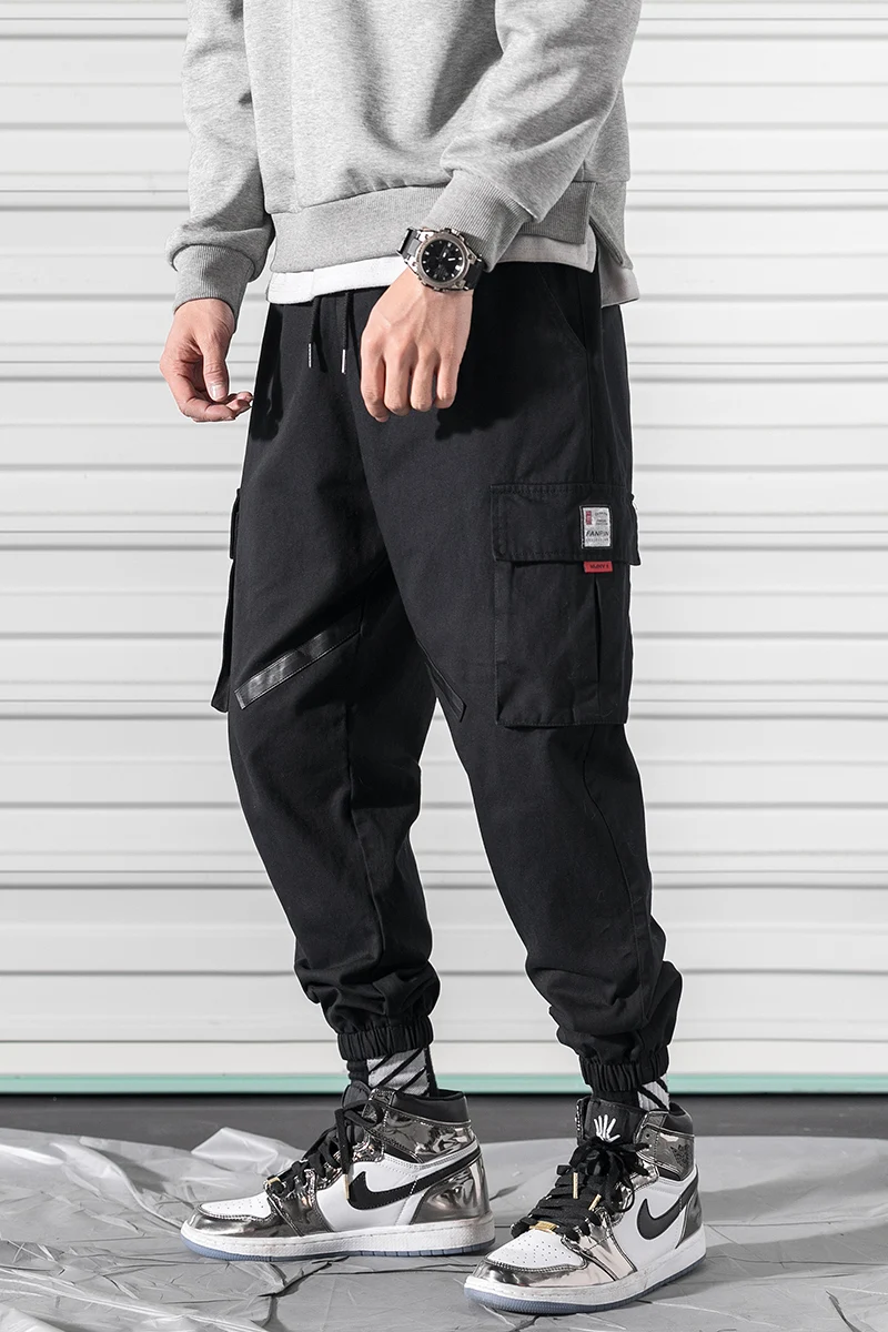 

Spring Men Cotton Elastic Waist Multi-pocket Cargo Pants Black Khaki Ankle Banded Joggers Trousers Male Casual Harem Pants