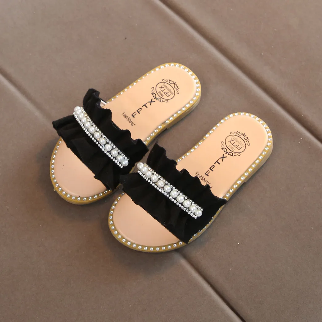Kids Sandals Toddler Baby Girls Sandals Pearls Crystal Ruffles Princess Shoes Slippers Comfortable Casual Summer Shoes