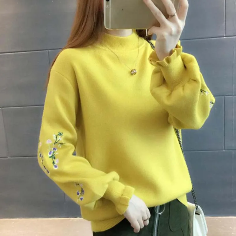 High quality women fashion 2018 Turtleneck sweater top woman long sleeve warm sweaters Embroidered Knitted pullover LY1322 | Женская