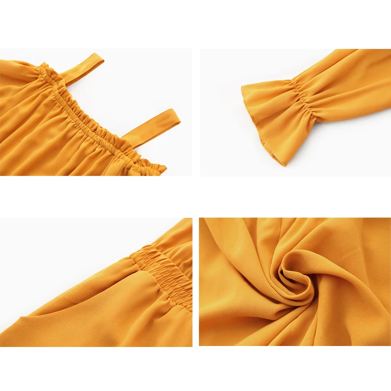 Желтый элегантный офисный женский однотонный комбинезон с открытыми плечами и